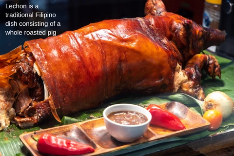 Lechon is a traditional Filipino dish consisting of a whole roasted pig